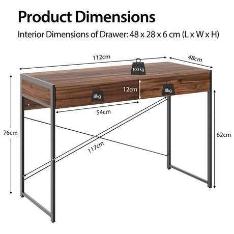 2 Drawer Desk &amp; Sturdy Steel Frame &amp; Reinforced Structure 112 x 48 x 76 cm
