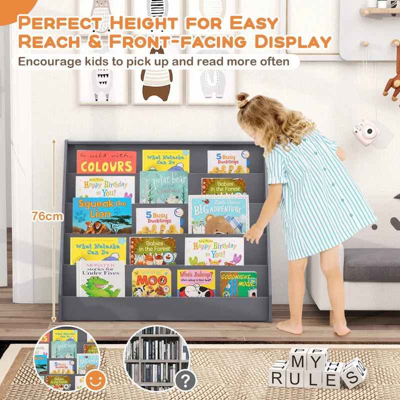 5 Tier Kids Bookshelf with Anti-Toppling Devices for Kids Room-Grey