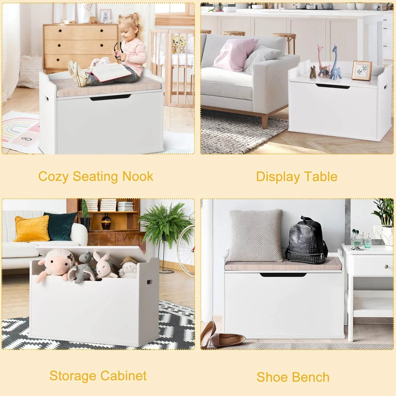 Kids Toy Wooden Flip-top Storage Box Chest Bench with Cushion Hinge-White