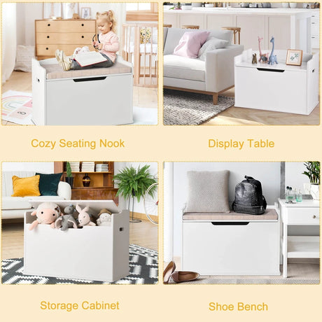 Kids Toy Wooden Flip-top Storage Box Chest Bench with Cushion Hinge-White