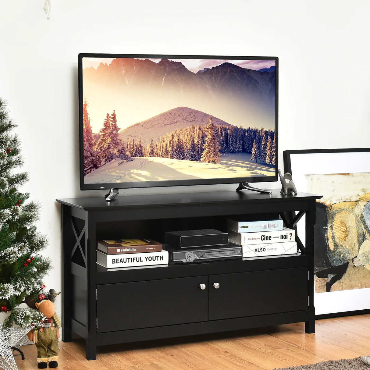 Media Console Cabinet with Cable Management Hole for Living Room-Black
