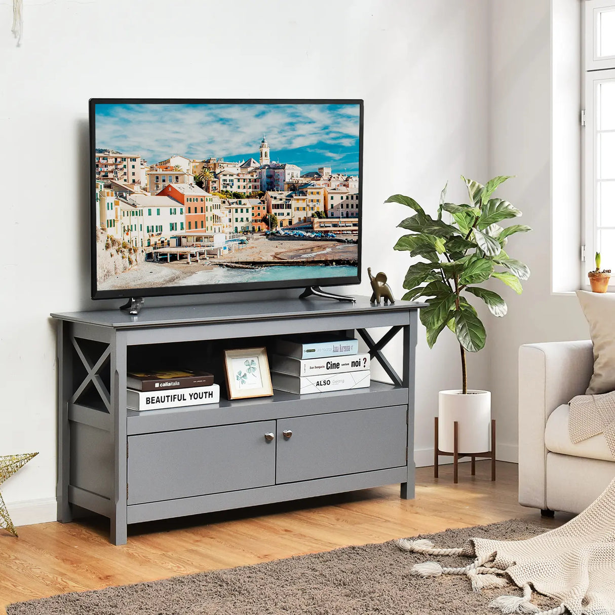 Media Console Cabinet with Cable Management Hole for Living Room-Grey