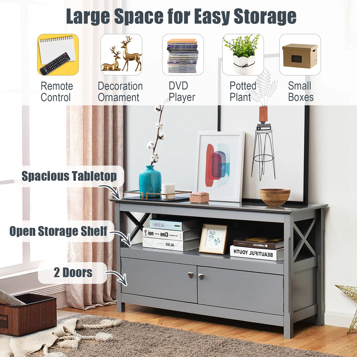 Media Console Cabinet with Cable Management Hole for Living Room-Grey