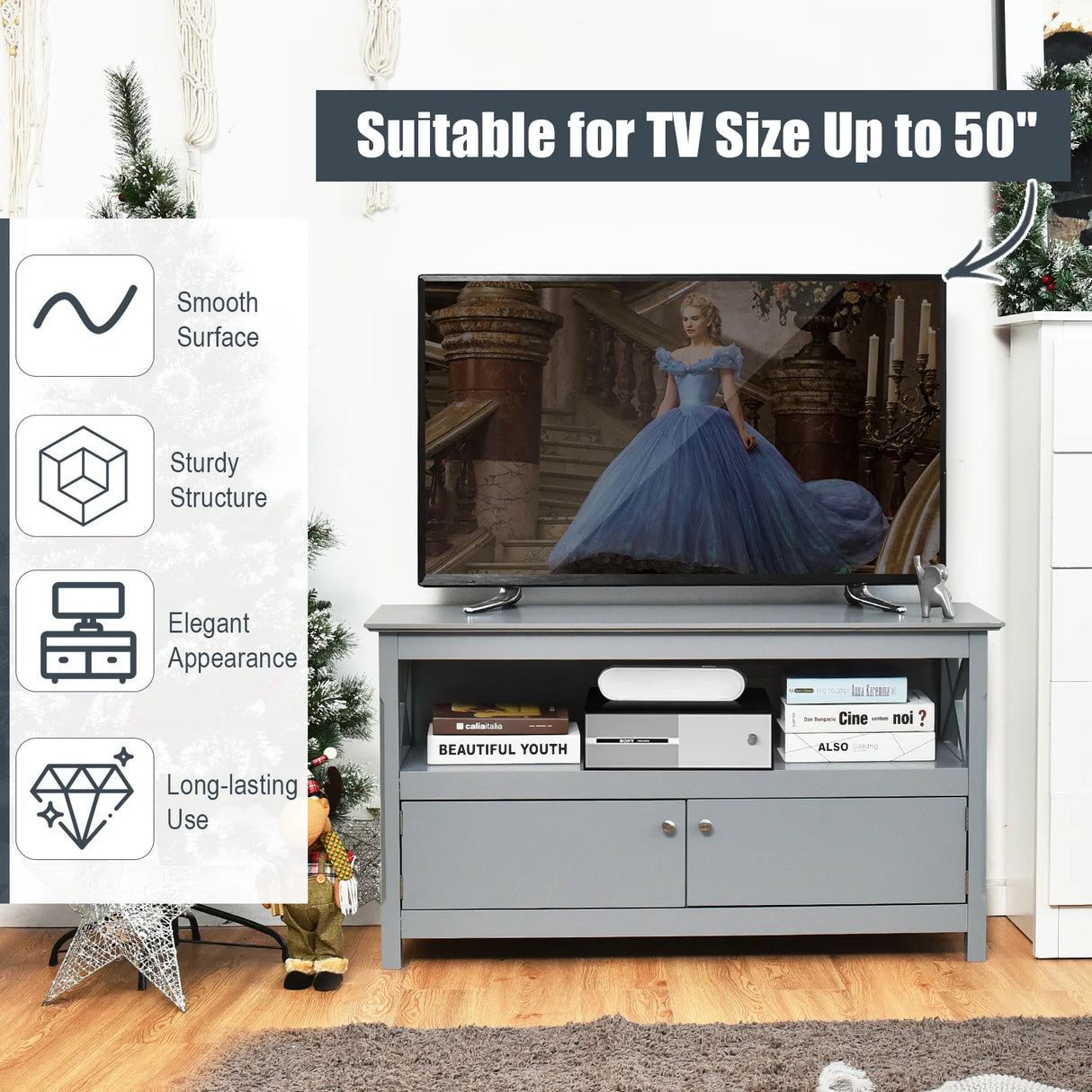 Media Console Cabinet with Cable Management Hole for Living Room-Grey