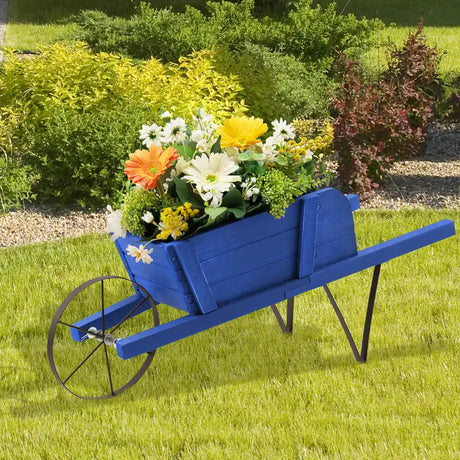 Wooden Wagon Planter with 9 Magnetic Accessories for Garden Yard-Blue