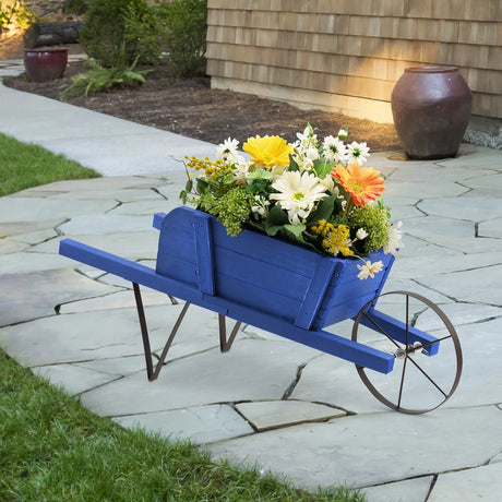 Wooden Wagon Planter with 9 Magnetic Accessories for Garden Yard-Blue