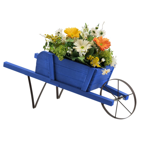 Wooden Wagon Planter with 9 Magnetic Accessories for Garden Yard-Blue