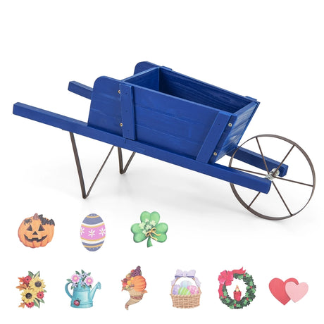 Wooden Wagon Planter with 9 Magnetic Accessories for Garden Yard-Blue