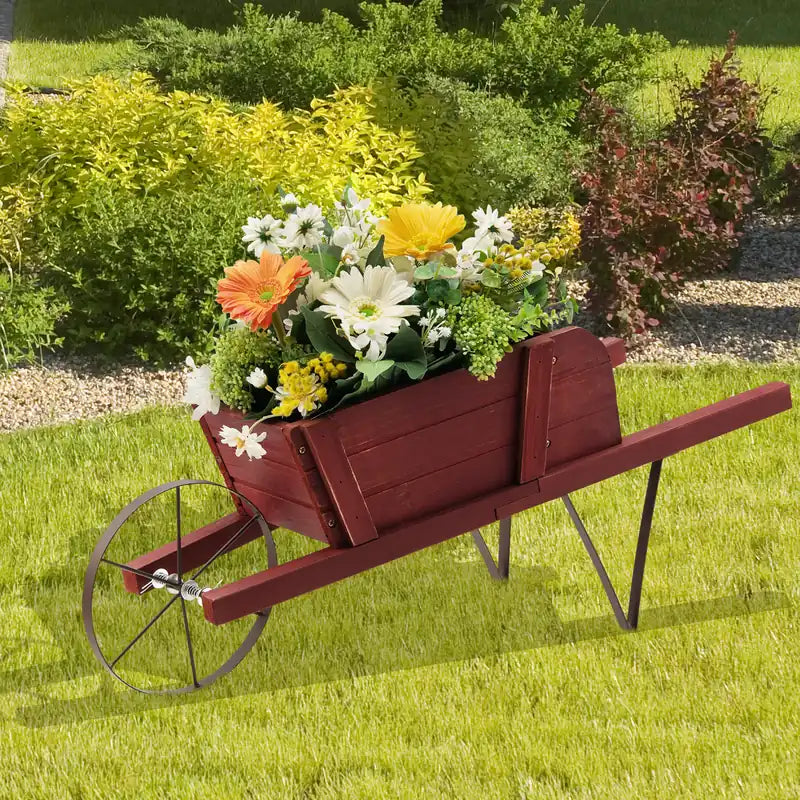 Wooden Wagon Planter with 9 Magnetic Accessories for Garden Yard-Red