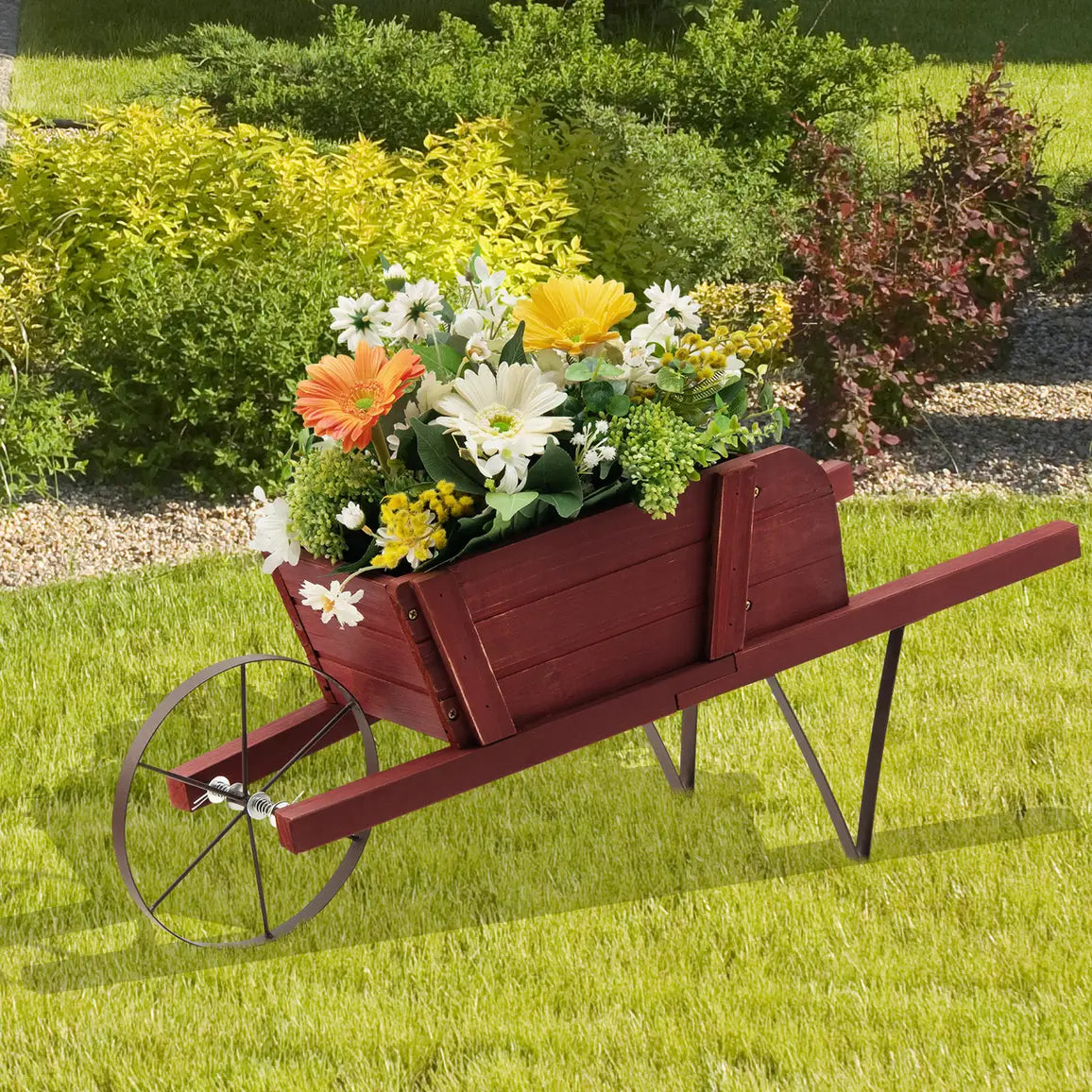 Wooden Wagon Planter with 9 Magnetic Accessories for Garden Yard-Red