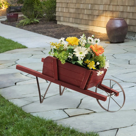 Wooden Wagon Planter with 9 Magnetic Accessories for Garden Yard-Red