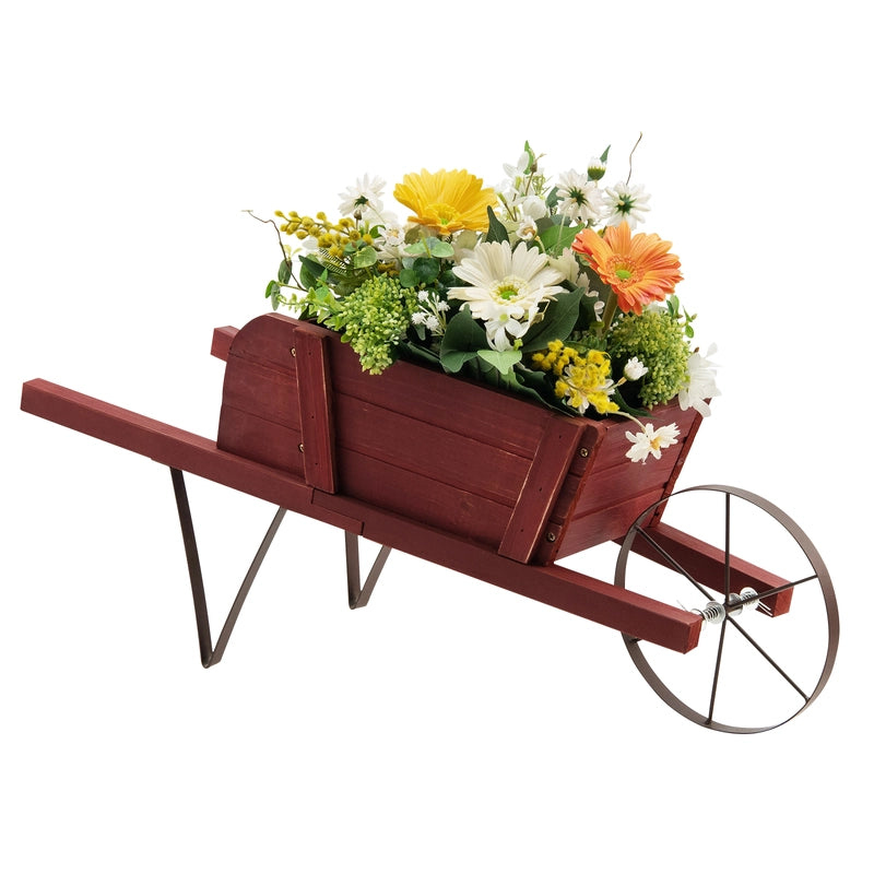 Wooden Wagon Planter with 9 Magnetic Accessories for Garden Yard-Red