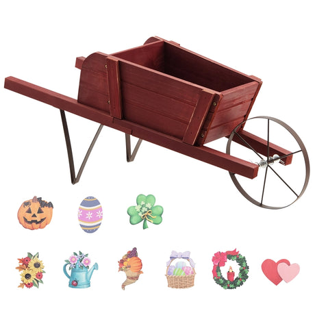 Wooden Wagon Planter with 9 Magnetic Accessories for Garden Yard-Red