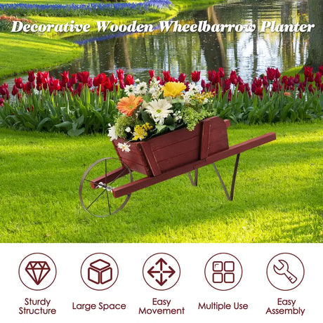 Wooden Wagon Planter with 9 Magnetic Accessories for Garden Yard-Red