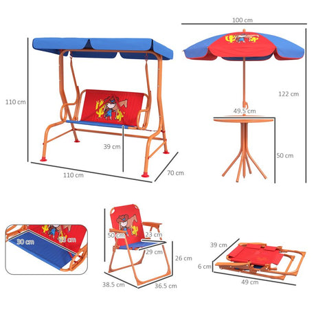 Outsunny 4 Piece Kids Garden Furniture Set with Adjustable Canopy, Cowboy Themed, Kids Garden Table and Chair Set and Double Seat Swing Chair for Patio Park Porch, for Ages 3-6 Years - Red and Blue