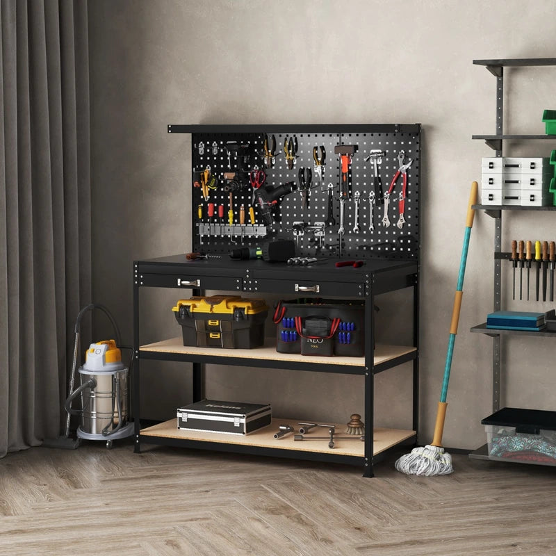 121 x 61 CM Workbench with 3 PCS Pegboard and Drawer-Black