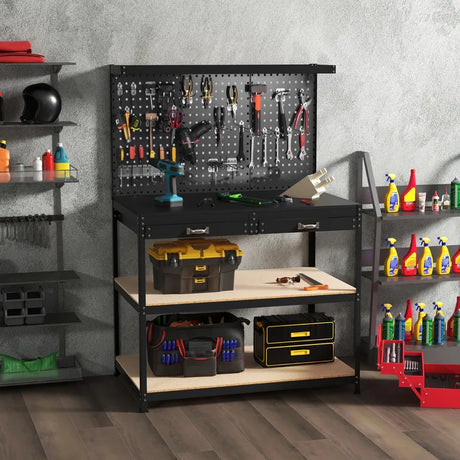 121 x 61 CM Workbench with 3 PCS Pegboard and Drawer-Black