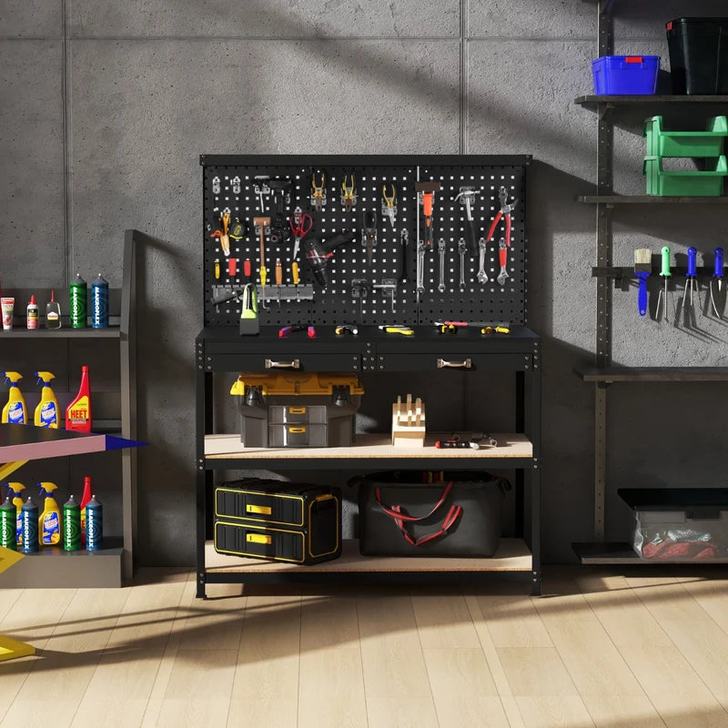 121 x 61 CM Workbench with 3 PCS Pegboard and Drawer-Black