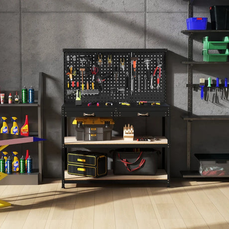 121 x 61 CM Workbench with 3 PCS Pegboard and Drawer-Black
