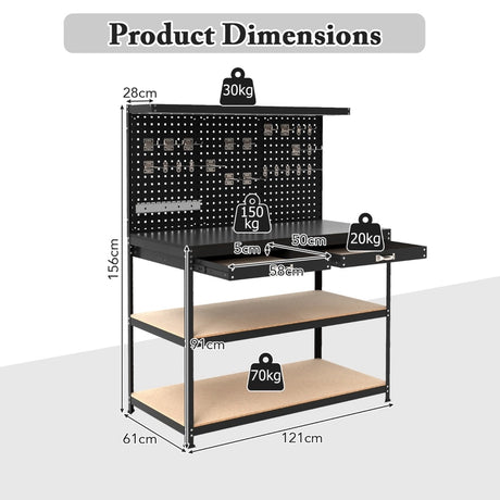 121 x 61 CM Workbench with 3 PCS Pegboard and Drawer-Black
