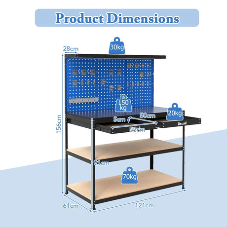121 x 61 CM Workbench with 3 PCS Pegboard and Drawer-Navy