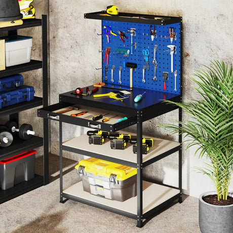 81 x 41 CM Workbench with Pegboard and Drawer and Shelves-Navy