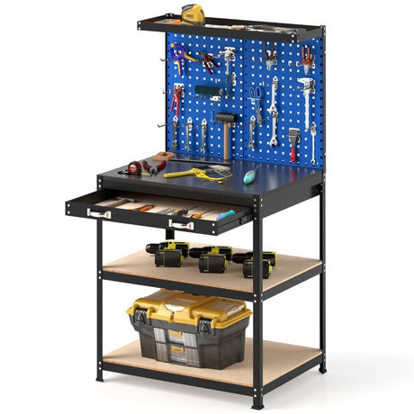 81 x 41 CM Workbench with Pegboard and Drawer and Shelves-Navy