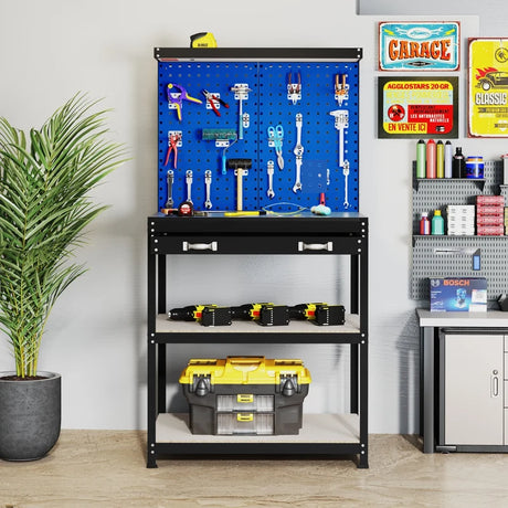 81 x 41 CM Workbench with Pegboard and Drawer and Shelves-Navy