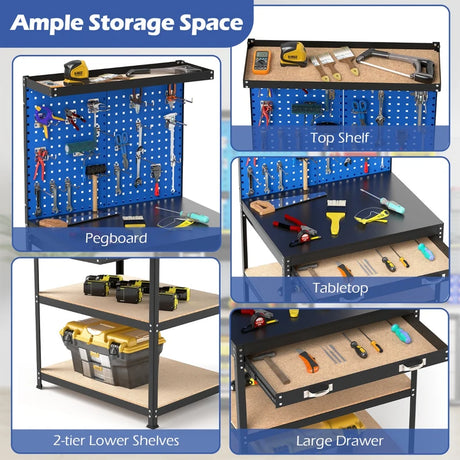 81 x 41 CM Workbench with Pegboard and Drawer and Shelves-Navy