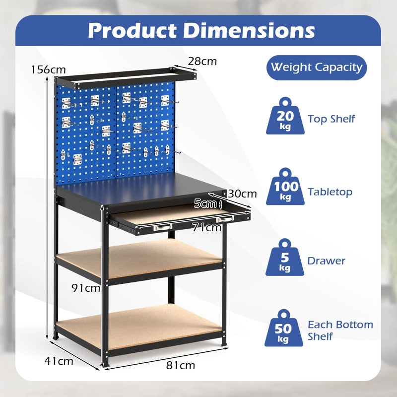 81 x 41 CM Workbench with Pegboard and Drawer and Shelves-Navy