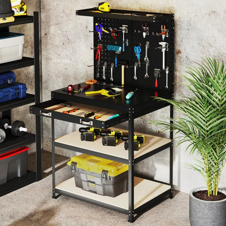 81 x 41 CM Workbench with Pegboard and Drawer and Shelves-Black
