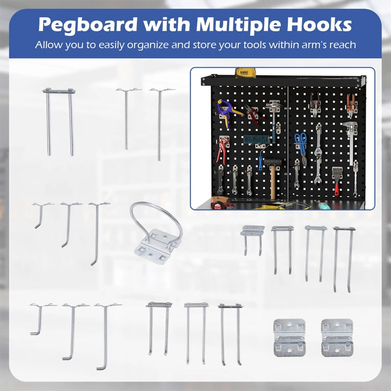 81 x 41 CM Workbench with Pegboard and Drawer and Shelves-Black