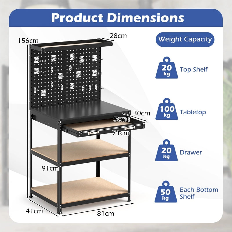 81 x 41 CM Workbench with Pegboard and Drawer and Shelves-Black