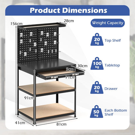 81 x 41 CM Workbench with Pegboard and Drawer and Shelves-Black