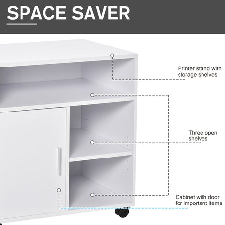 HOMCOM Multi-Storage Printer Stand Unit Office Desk Side Mobile Storage w/ Wheels Modern Style 60L x 50W x 65.5H cm - White