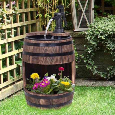 Outsunny Wood Barrel Patio Water Fountain Electric Pump Garden Decorative Ornament with Flower Planter Decor