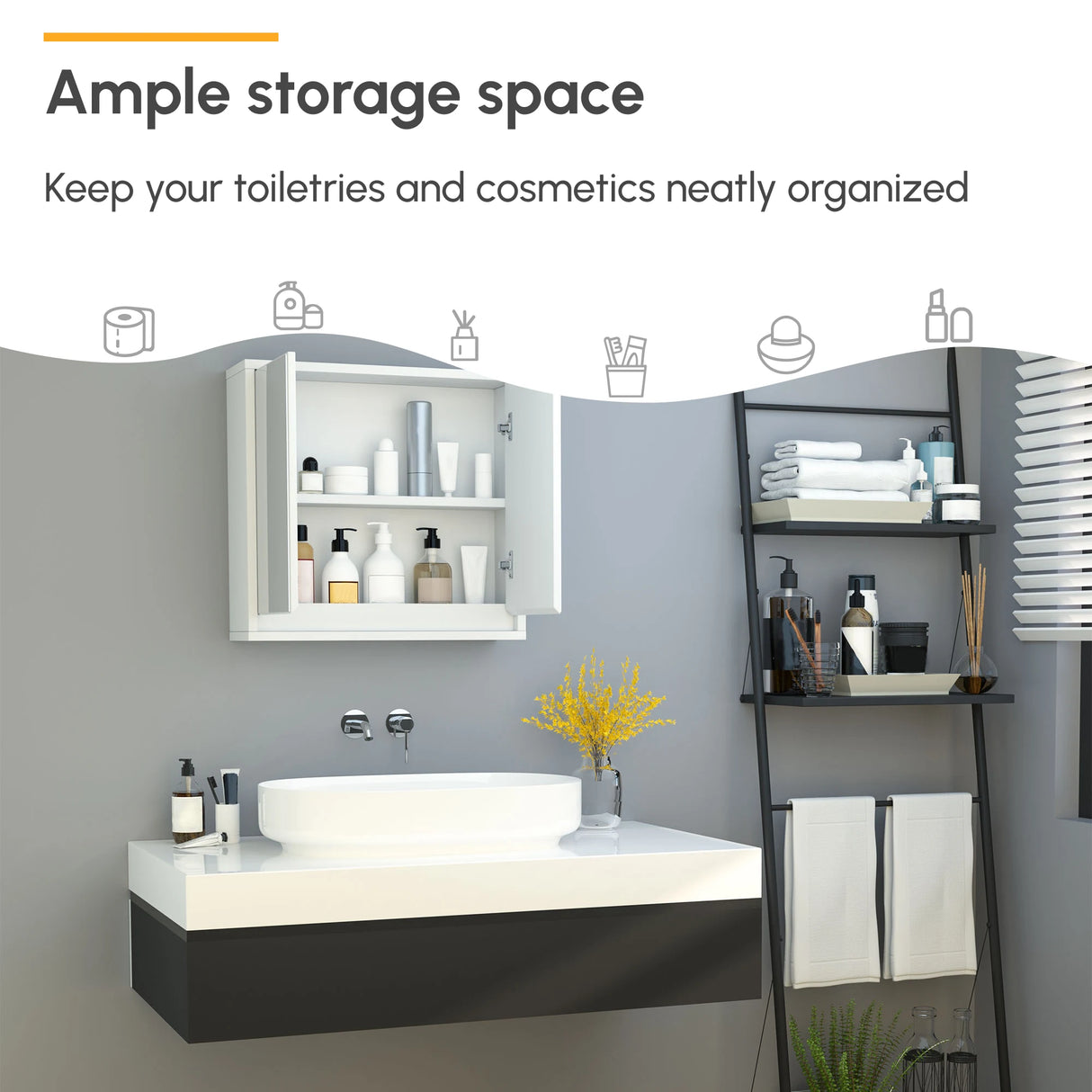 HOMCOM Bathroom Mirror Cabinet Wall Mounted Storage Shelf Bathroom Cupboard Double Door, White