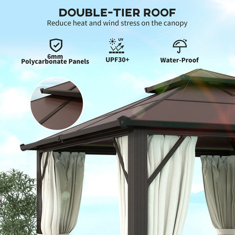 Outsunny 3 x 3(m) Hardtop Gazebo Canopy with UPF30+ Double Polycarbonate Roof, Aluminium Frame Garden Gazebo Permanent Pavilion with Mosquito Netting and Curtains for Patio, Deck, Beige