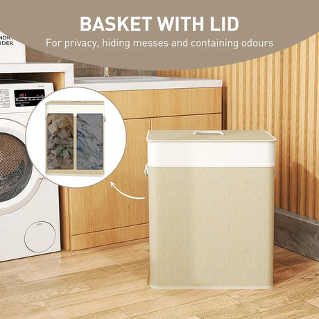 HOMCOM Double Laundry Basket with Lid, 100L Bamboo Laundry Hamper with Rope Handles, Washing Basket with Removable Liner for Bathroom, Bedroom, Cream White