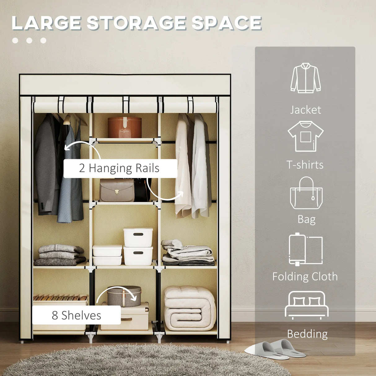 HOMCOM Fabric Wardrobe, with Rails and Shelves - Cream White