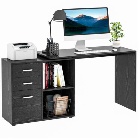 HOMCOM L-Shaped Computer Desk, 2 Shaped Corner Desk with Drawers, File Cabinet and Storage Shelves, Home Office Desk, 117 x 83.5 x 76cm, Black