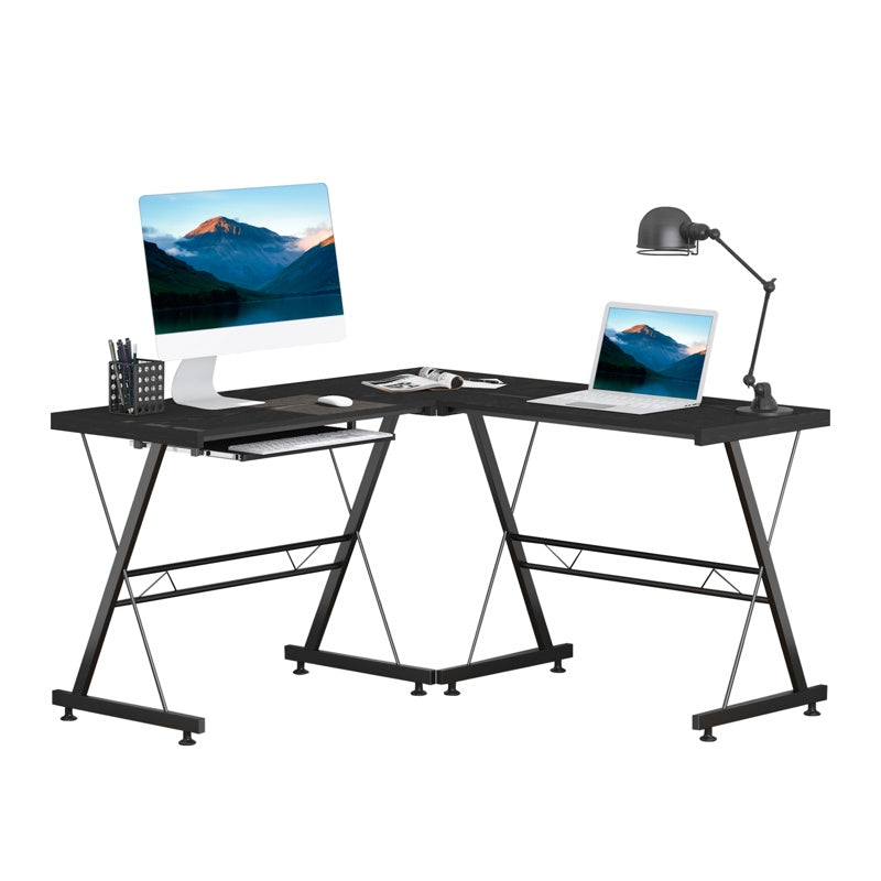 HOMCOM L Shaped Gaming Desk, Corner Computer Desk with Keyboard Tray, Work Table for Home Office, Study Workstation, 130 x 130 x 73.5cm, Black