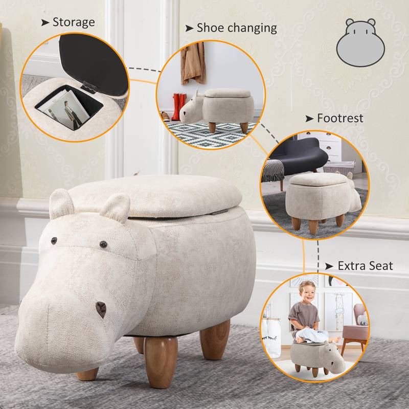 HOMCOM Hippo Storage Stool Cute Decoration Footrest Wood Frame Legs with Padding Lid Ottoman Animal Furniture Cream 36 x 65cm