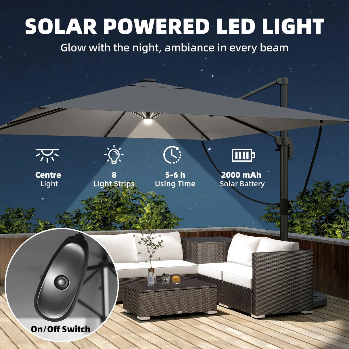 Outsunny 3 x 3 m Garden Cantilever Parasol with Light, Cover, Overhanging Umbrella w/ Wind Protection, 360 Rotation, Light Grey