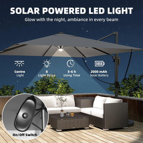Outsunny 3 x 3 m Garden Cantilever Parasol with Light, Cover, Overhanging Umbrella w/ Wind Protection, 360 Rotation, Light Grey