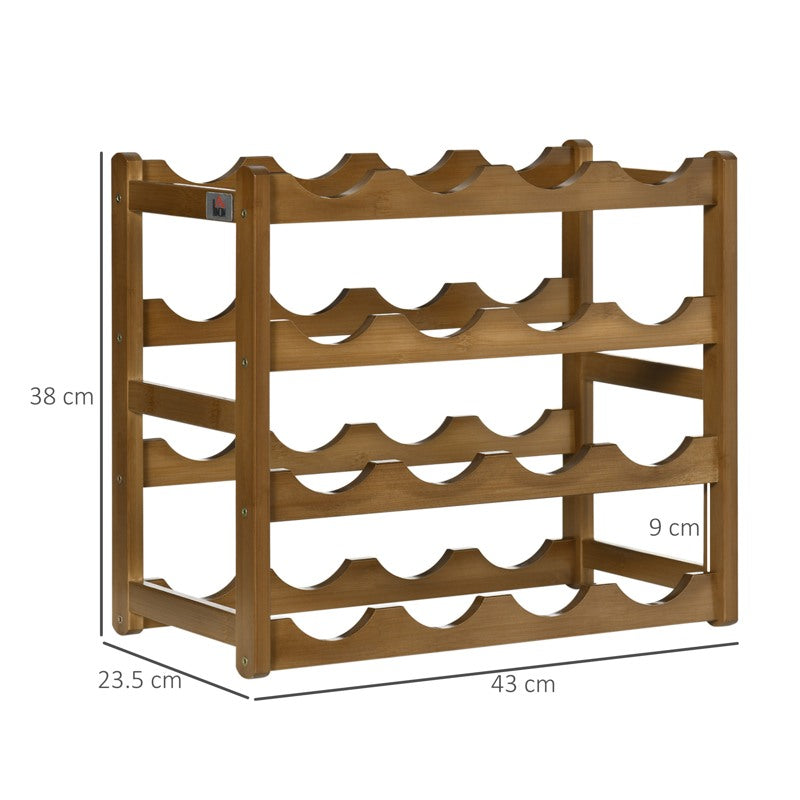 HOMCOM Free Standing Bamboo Wine Rack with 16 Bottles Holder, 4-tier Water Bottle Organizer, Display Shelf for Countertop, Home Bar, Brown