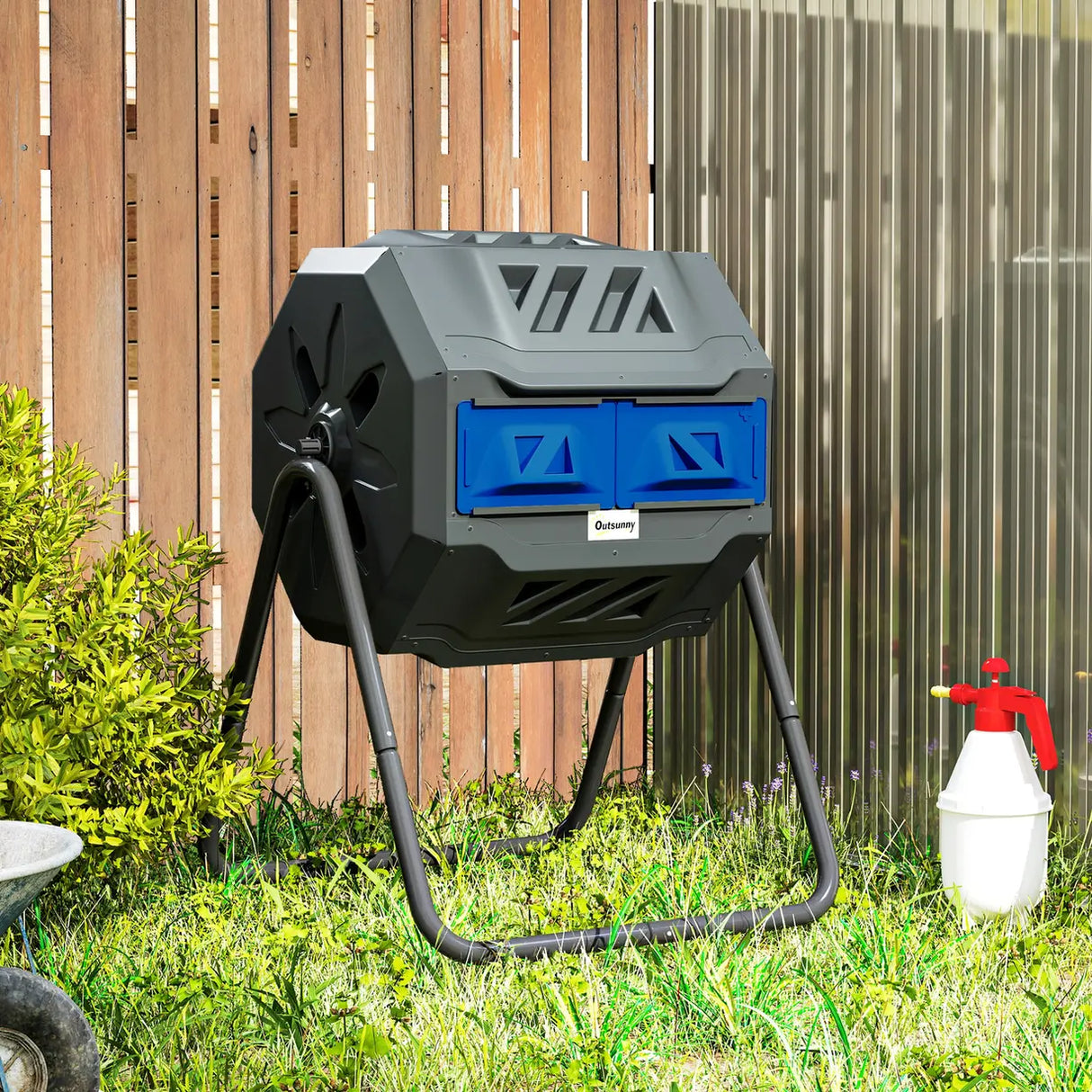 Outsunny 160L 360 Rotating Dual Chamber Composter - Blue