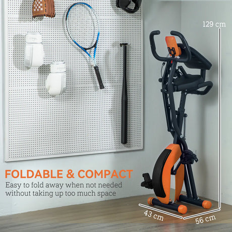 SPORTNOW Five-in-one Foldable Exercise Bike, Stationary Bike with Arm Workout Bands, LDC Monitor, Phone Holder, Orange