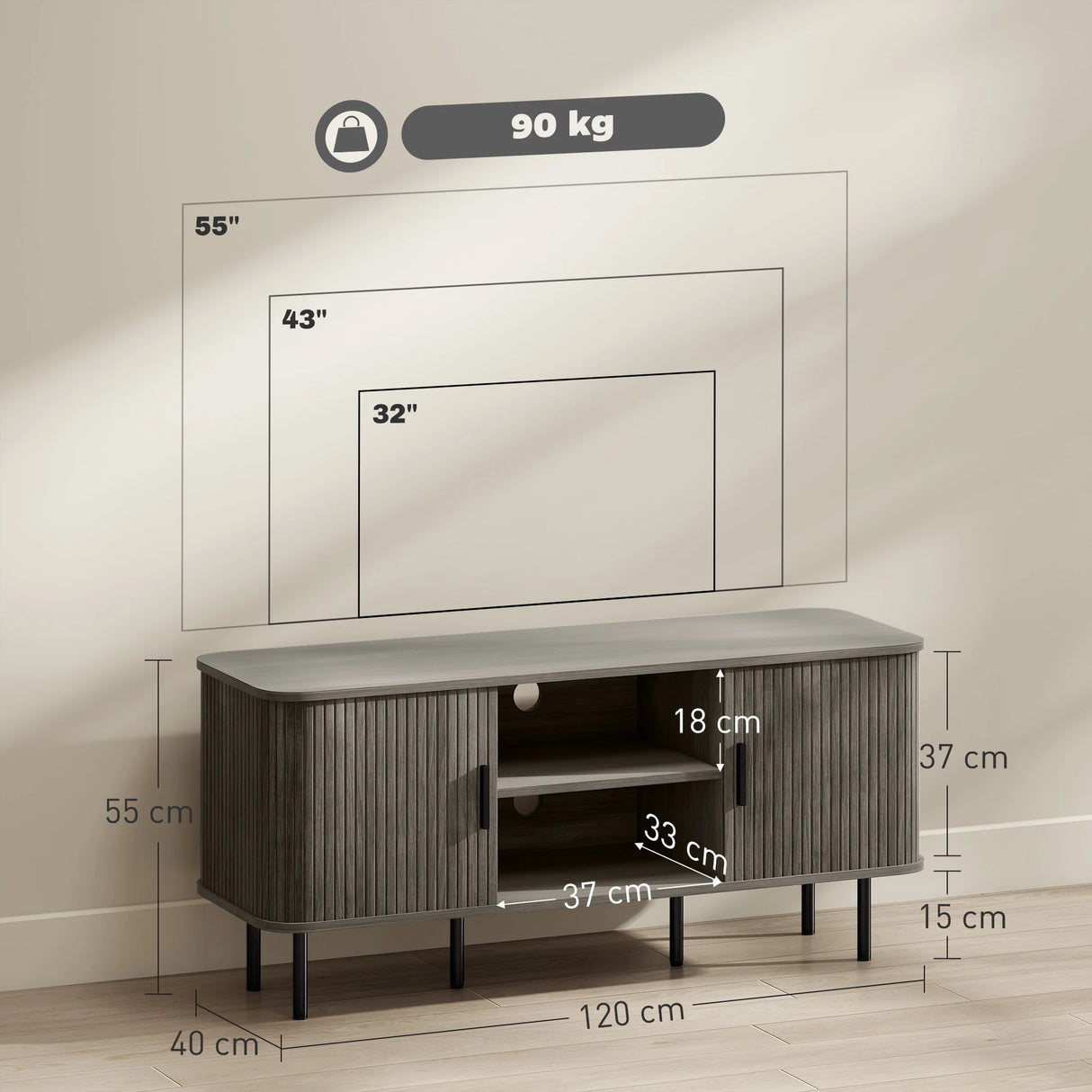 HOMCOM TV Stand Cabinet for TVs up to 55 Inches, TV Unit with Storage Shelves and Cupboard for Living Room, Grey