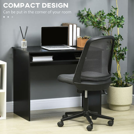 HOMCOM Modern Computer Desk, Home Office Table, Small Writing Desk with Storage Shelf, 90 x 50cm, Black Wood Grain